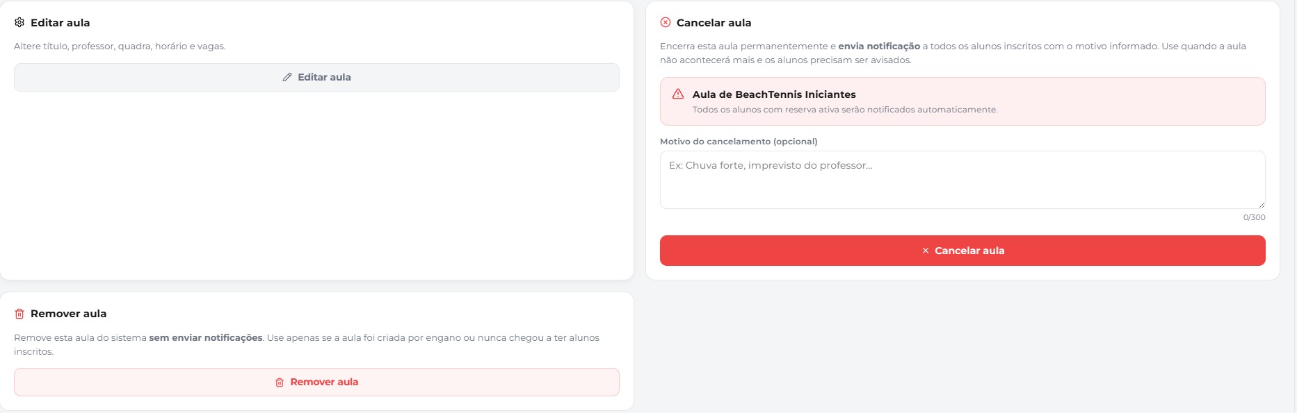 Cancelar um dia de aula no BoraGame