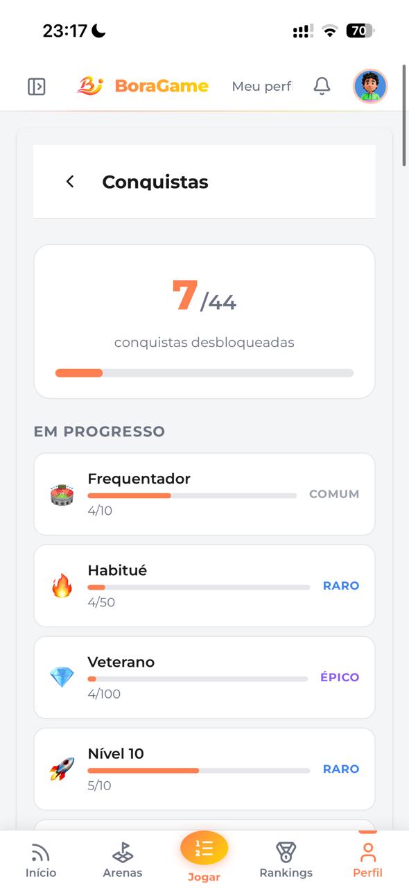 Conquistas e XP no app do BoraGame