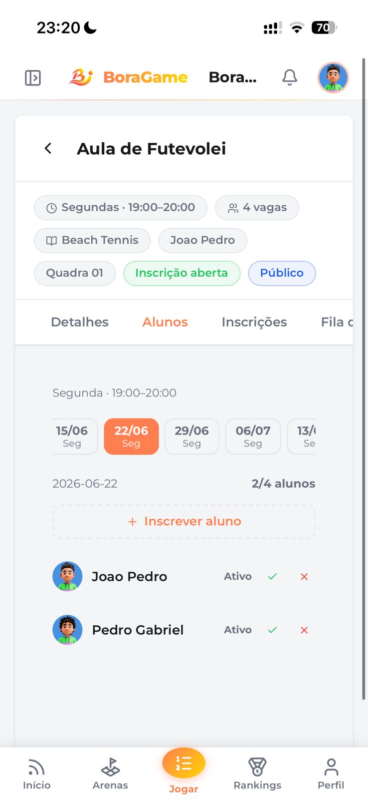 Aulas e turmas no app do BoraGame