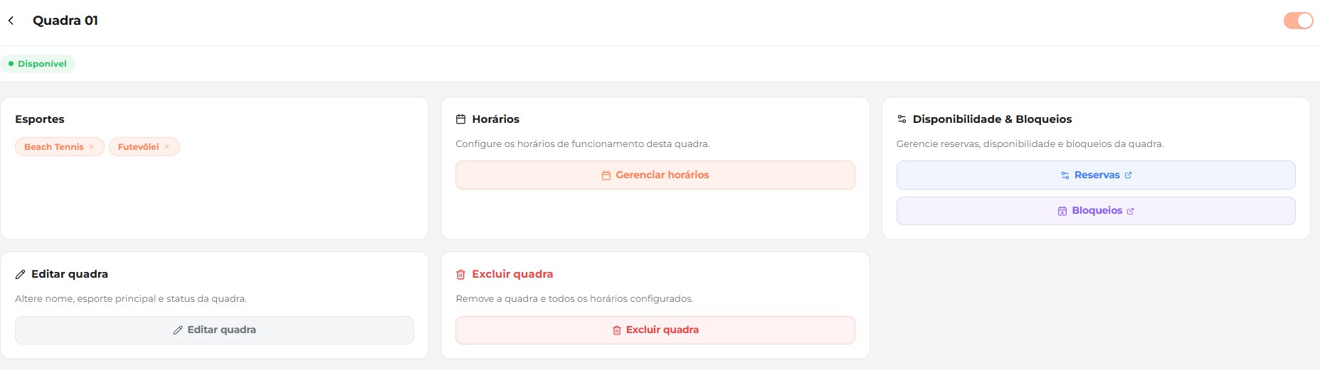 Configuração de uma quadra no BoraGame