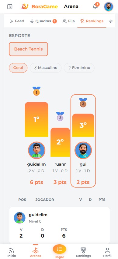 Ranking ao vivo no app do jogador