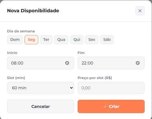 Disponibilidade de horários da quadra
