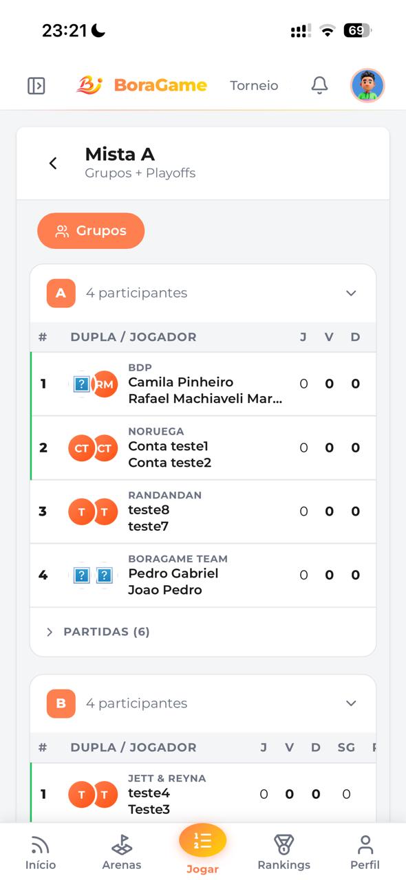 Torneios no app do BoraGame