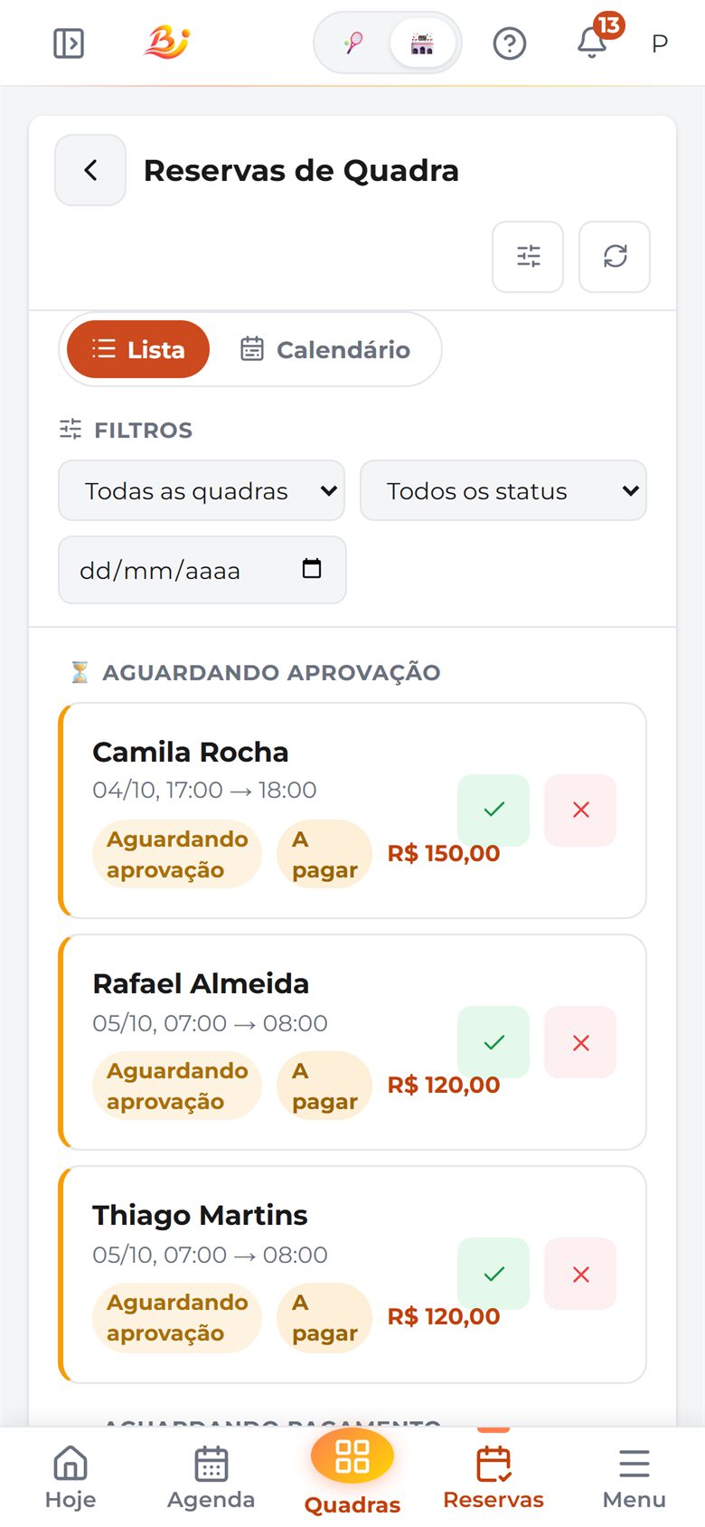 Reservas aguardando aprovação no celular do gestor