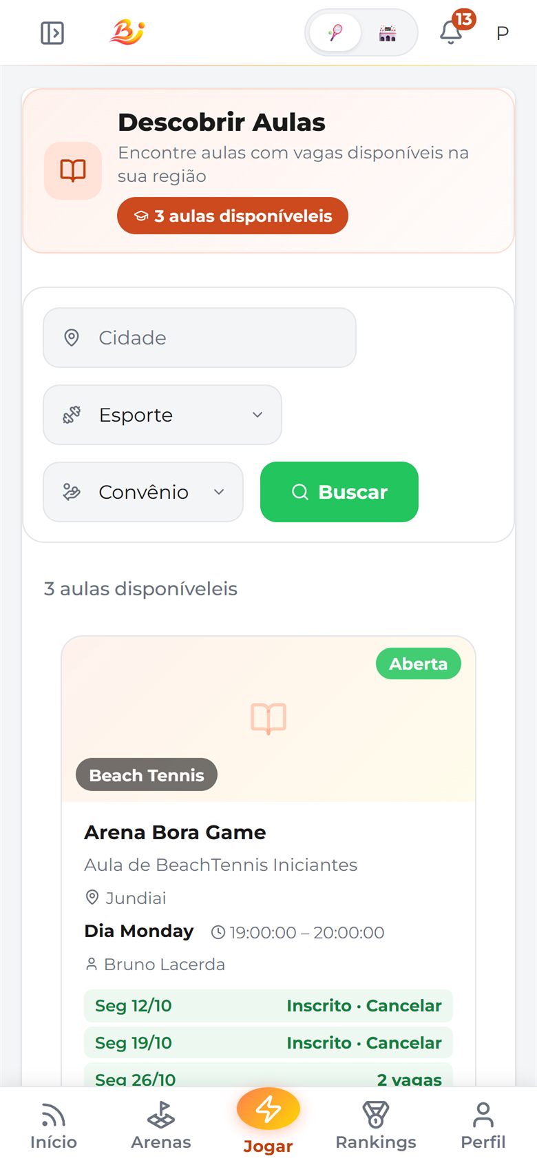 Aulas com vagas abertas perto do jogador
