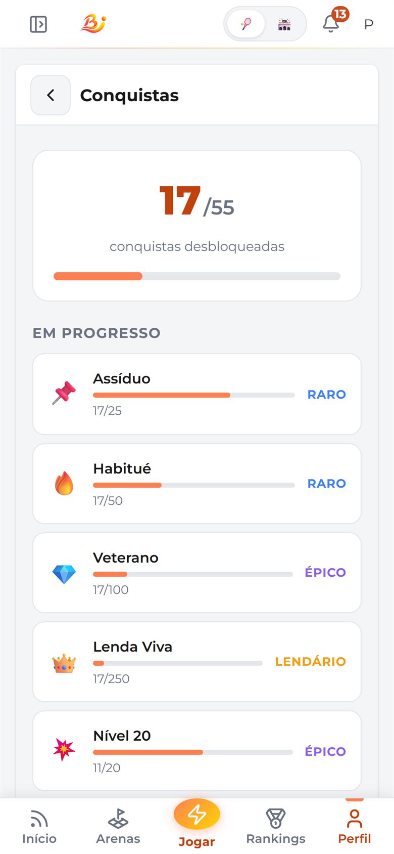 Conquistas desbloqueadas pelo jogador