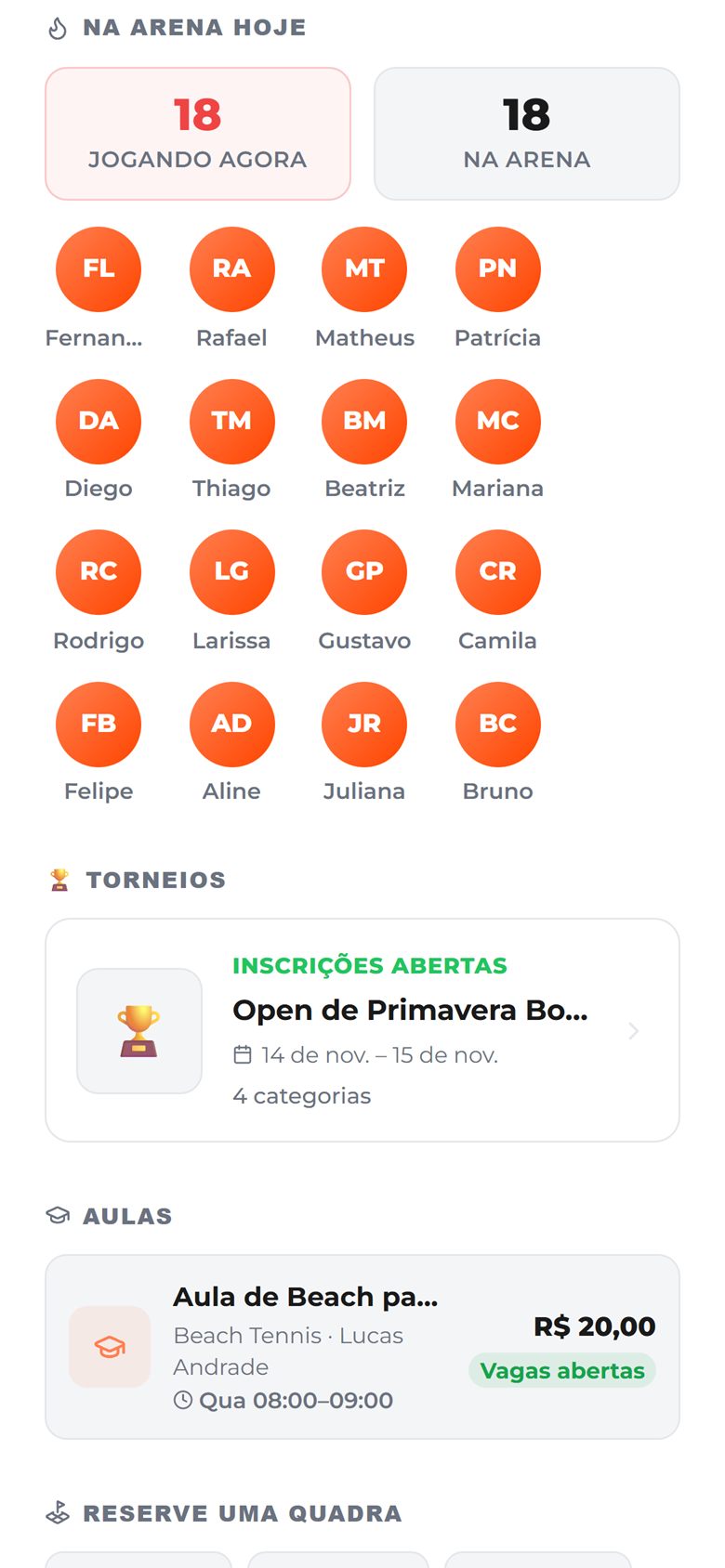 Página da arena mostrando 18 jogadores jogando agora