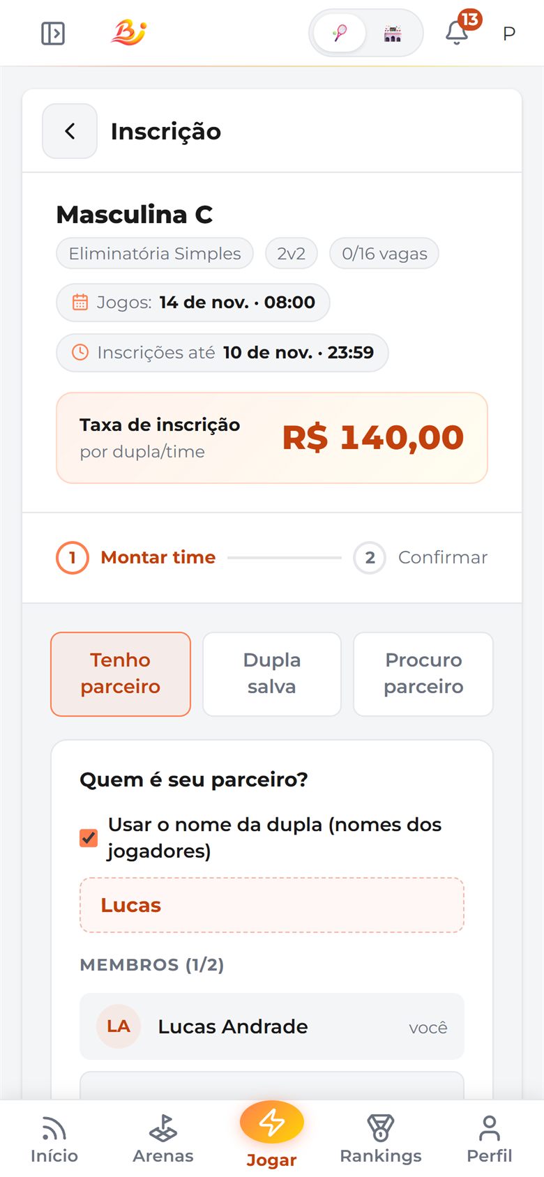 Inscrição em categoria de torneio com escolha de parceiro